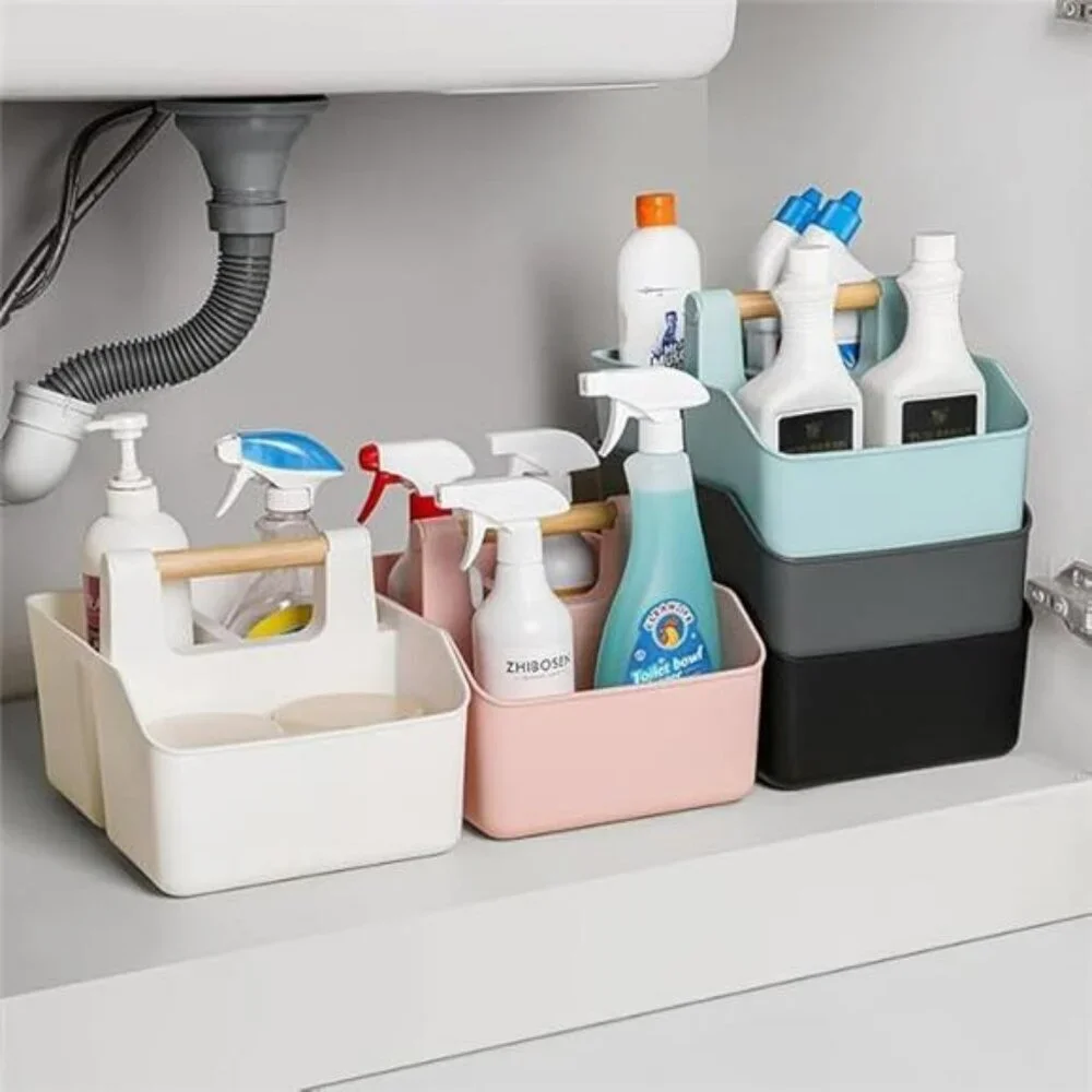 Portable Shower Caddy Basket Bathroom Organizer Tote with Bamboo Handle Storage